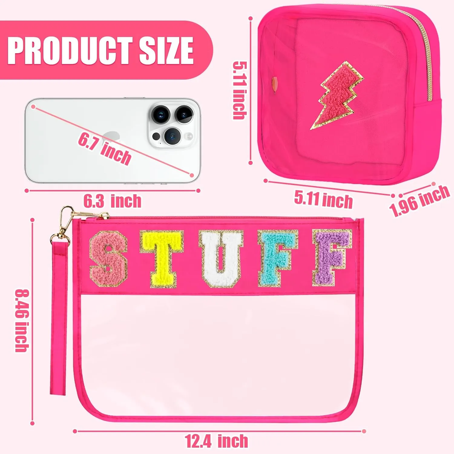 2 Pcs Stuff Bag Cosmetic Makeup Bag with Chenille Letter Patch, Clear Pouch PVC Organizer Purse, Waterproof Travel Bag, Portable Toiletry Storage Bag for Her Girls Friends Women