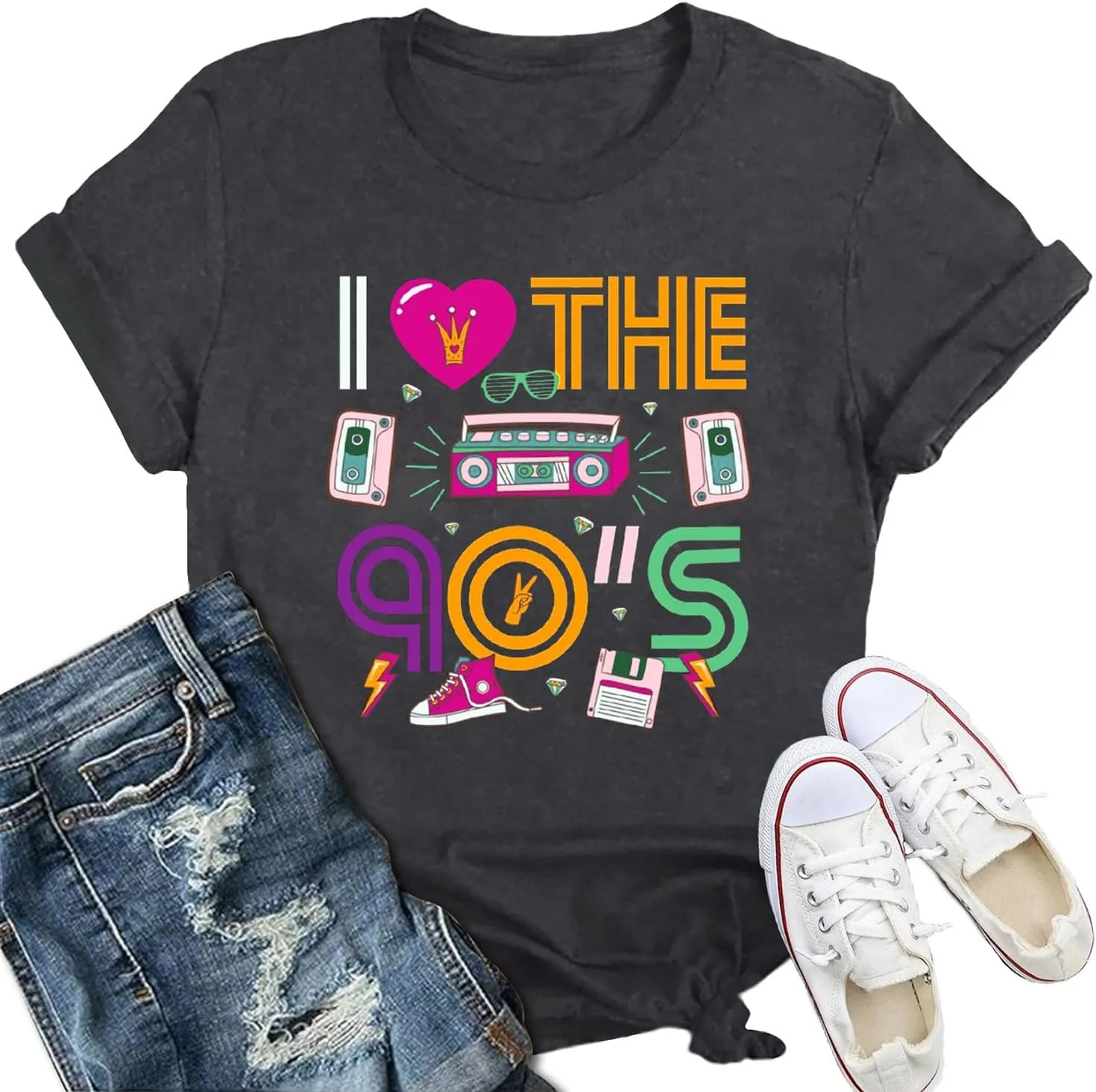 90's Shirt for Women I Love The 90's T-Shirt Back to The 90s Tee Vintage Neon Party Music Tops
