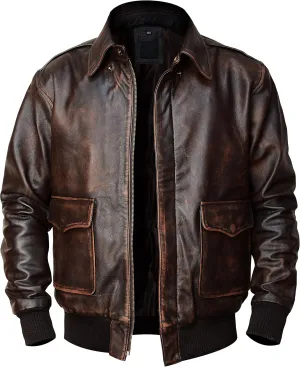 A2 Airforce Mens Leather Jacket - Distressed Brown Sheepskin Leather Jacket Adult - Aviator Bomber Outerwear