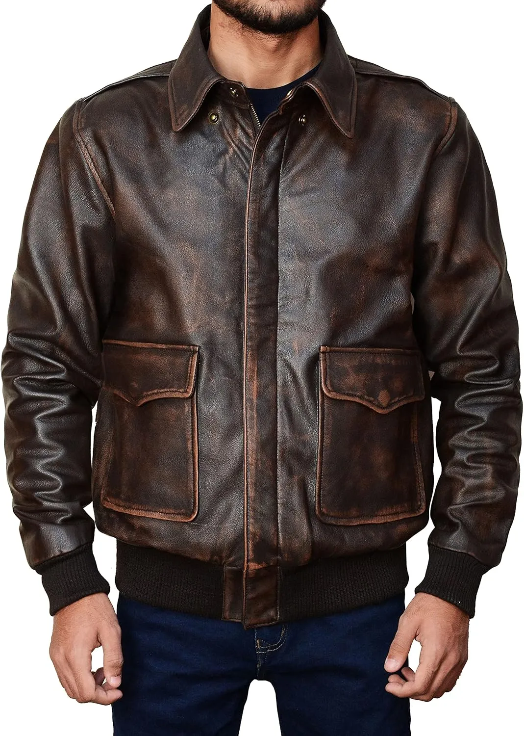 A2 Airforce Mens Leather Jacket - Distressed Brown Sheepskin Leather Jacket Adult - Aviator Bomber Outerwear