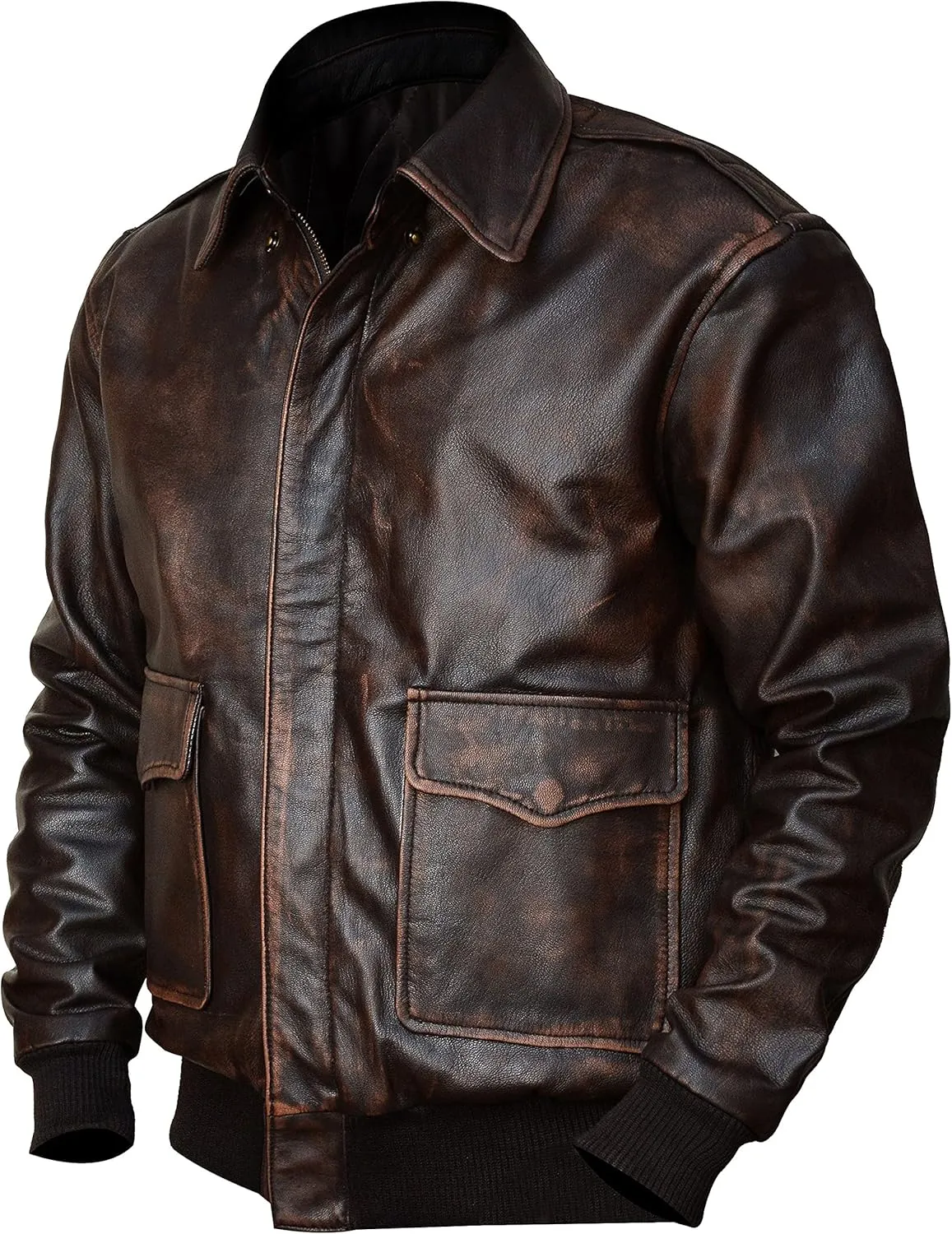 A2 Airforce Mens Leather Jacket - Distressed Brown Sheepskin Leather Jacket Adult - Aviator Bomber Outerwear
