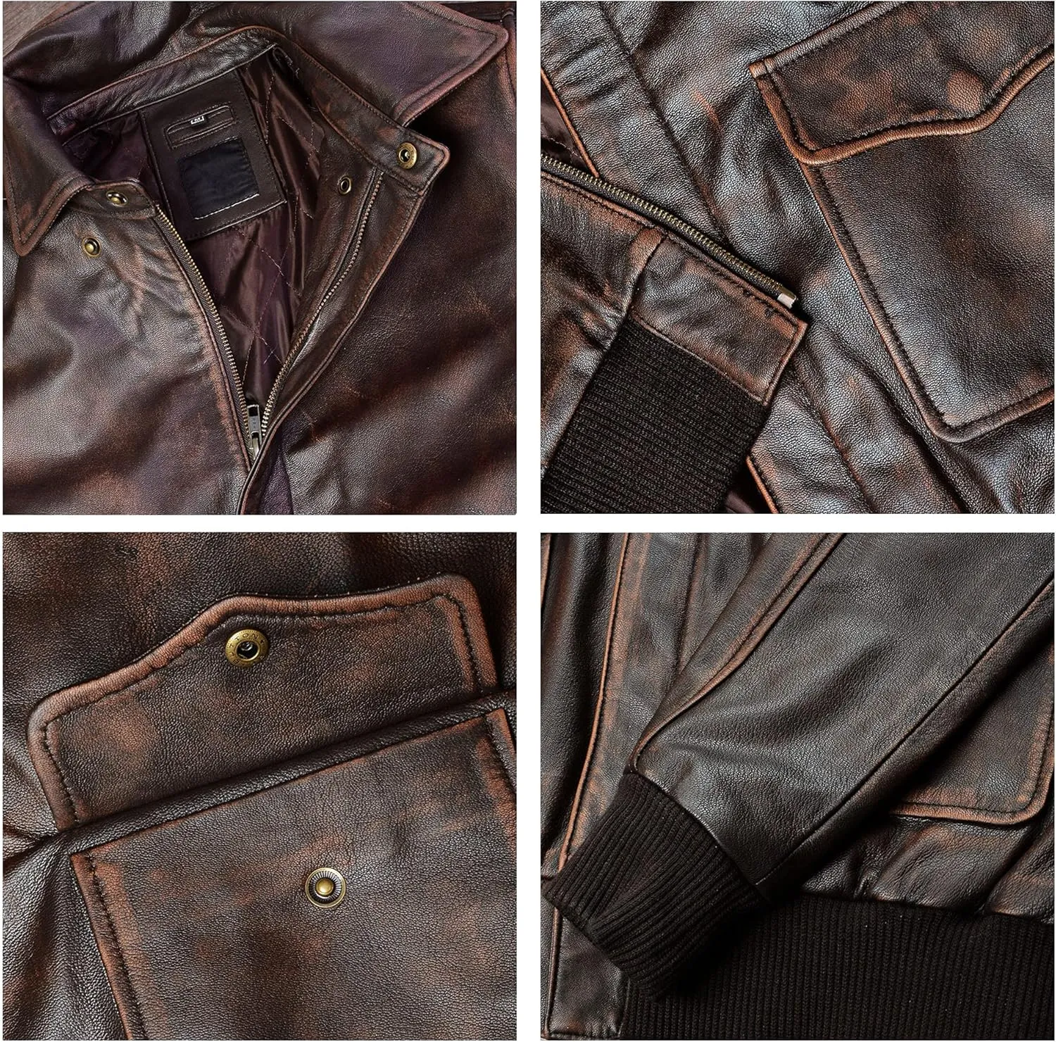 A2 Airforce Mens Leather Jacket - Distressed Brown Sheepskin Leather Jacket Adult - Aviator Bomber Outerwear