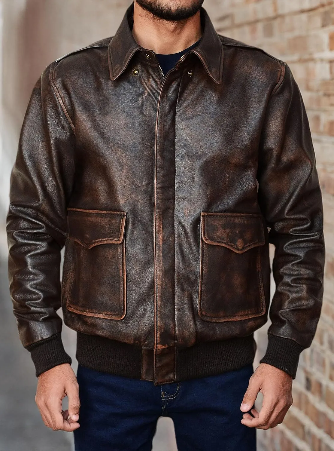 A2 Airforce Mens Leather Jacket - Distressed Brown Sheepskin Leather Jacket Adult - Aviator Bomber Outerwear