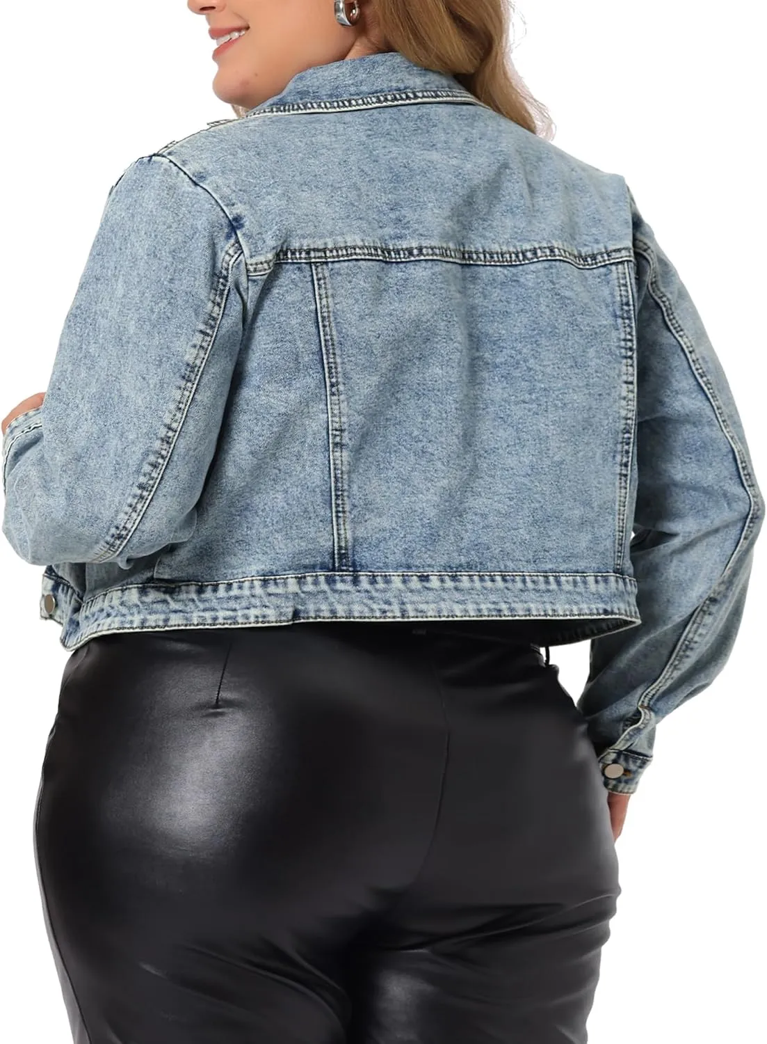 Agnes Orinda Plus Size Denim Jackets for Women Button Down Long Sleeve Washed Crop Top Jean Jacket