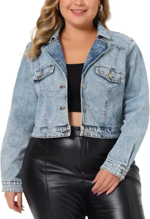 Agnes Orinda Plus Size Denim Jackets for Women Button Down Long Sleeve Washed Crop Top Jean Jacket