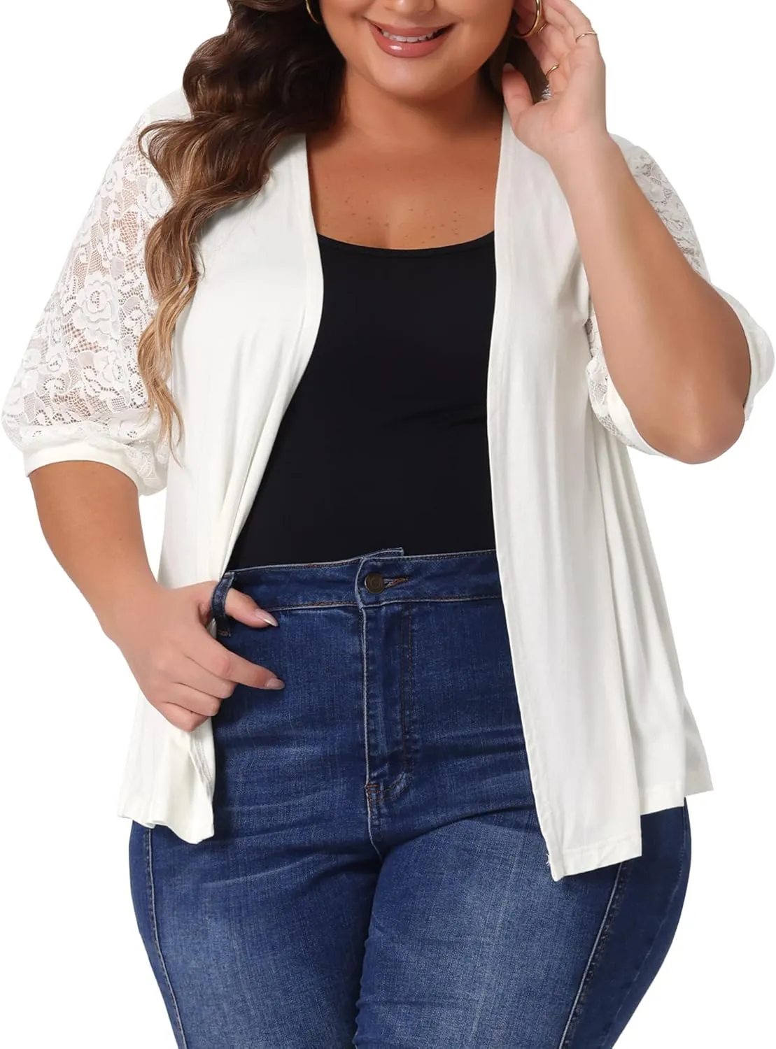 Agnes Orinda Plus Size Elegant Cardigan for Women Lightweight V Neck Lace Half Sleeve Casual Open Front Cardigans