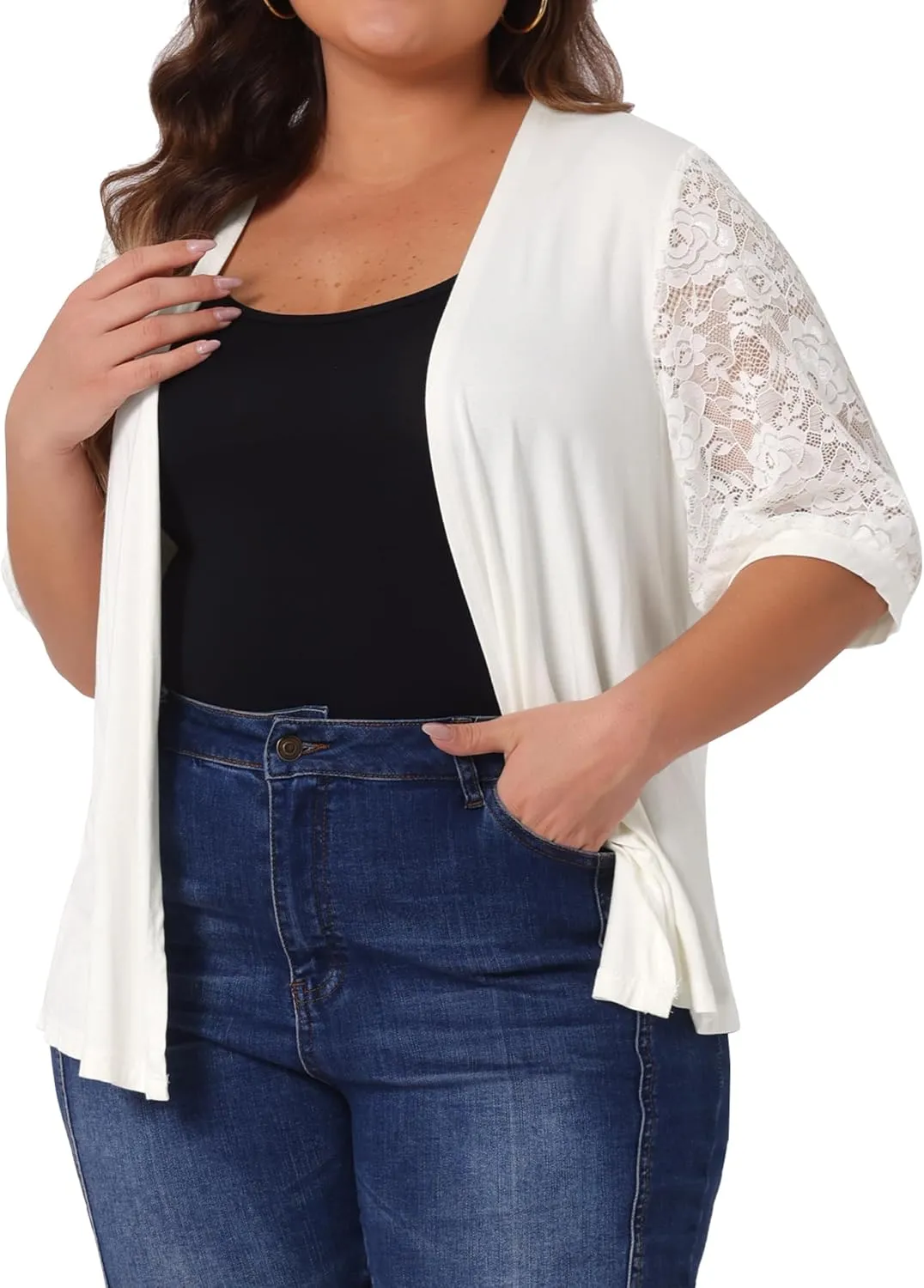Agnes Orinda Plus Size Elegant Cardigan for Women Lightweight V Neck Lace Half Sleeve Casual Open Front Cardigans