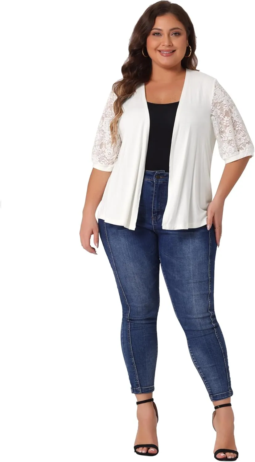 Agnes Orinda Plus Size Elegant Cardigan for Women Lightweight V Neck Lace Half Sleeve Casual Open Front Cardigans