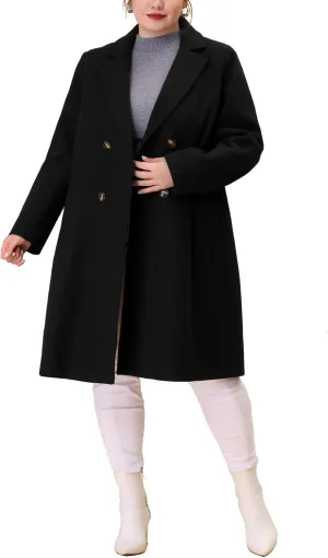 Agnes Orinda Plus Size Long Coats for Women Notched Lapel Winter Warm Double Breasted Coat