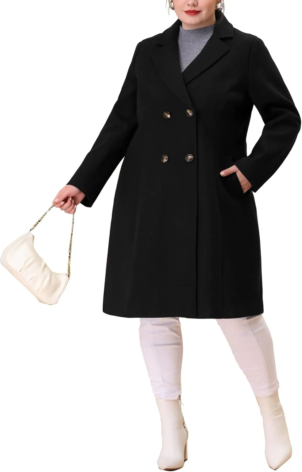 Agnes Orinda Plus Size Long Coats for Women Notched Lapel Winter Warm Double Breasted Coat