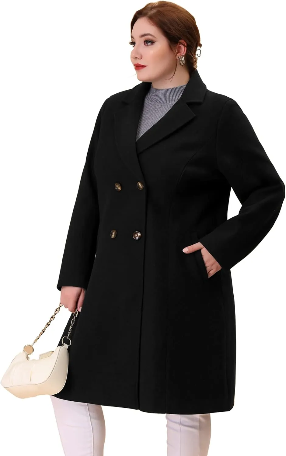 Agnes Orinda Plus Size Long Coats for Women Notched Lapel Winter Warm Double Breasted Coat