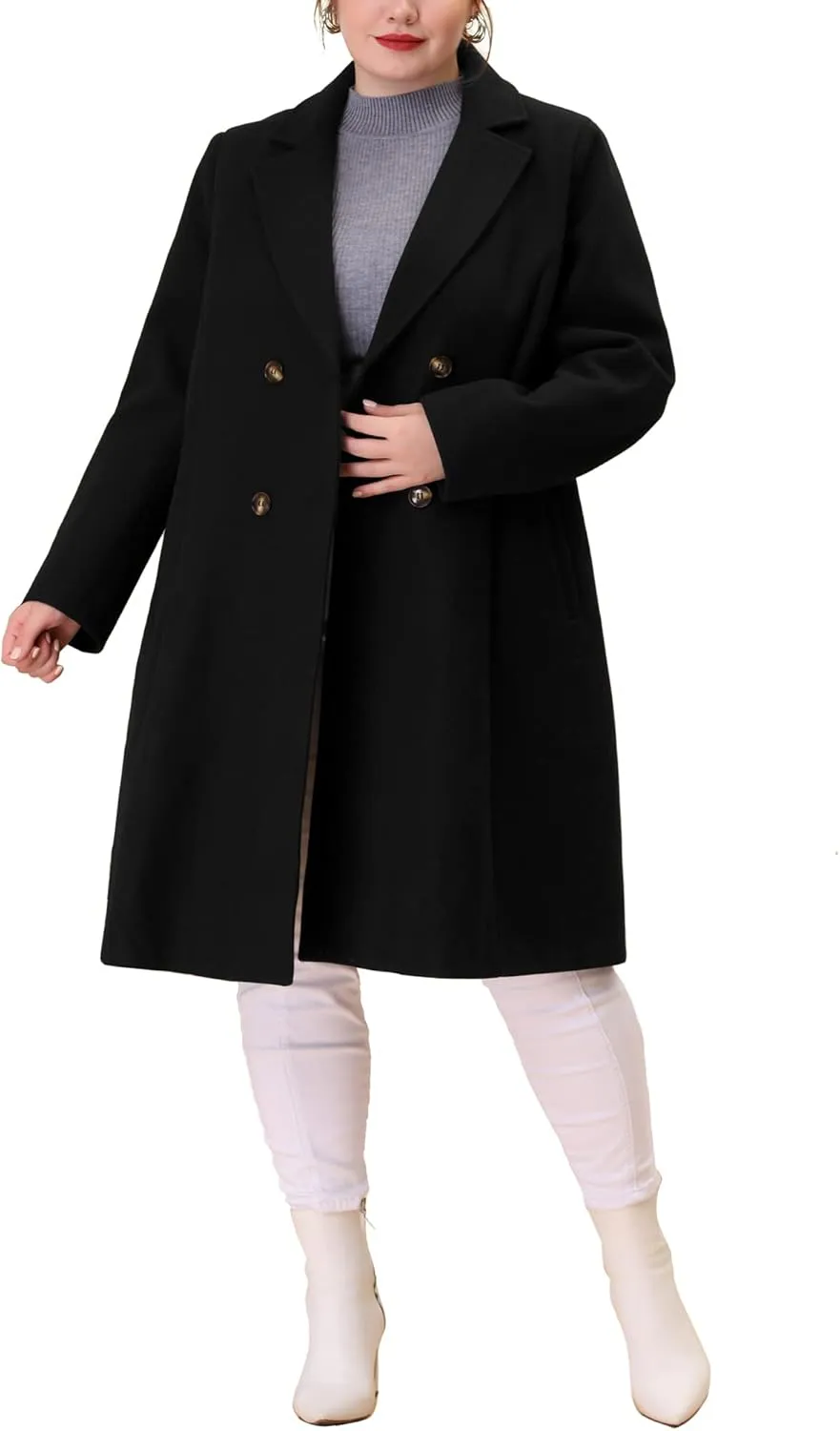 Agnes Orinda Plus Size Long Coats for Women Notched Lapel Winter Warm Double Breasted Coat
