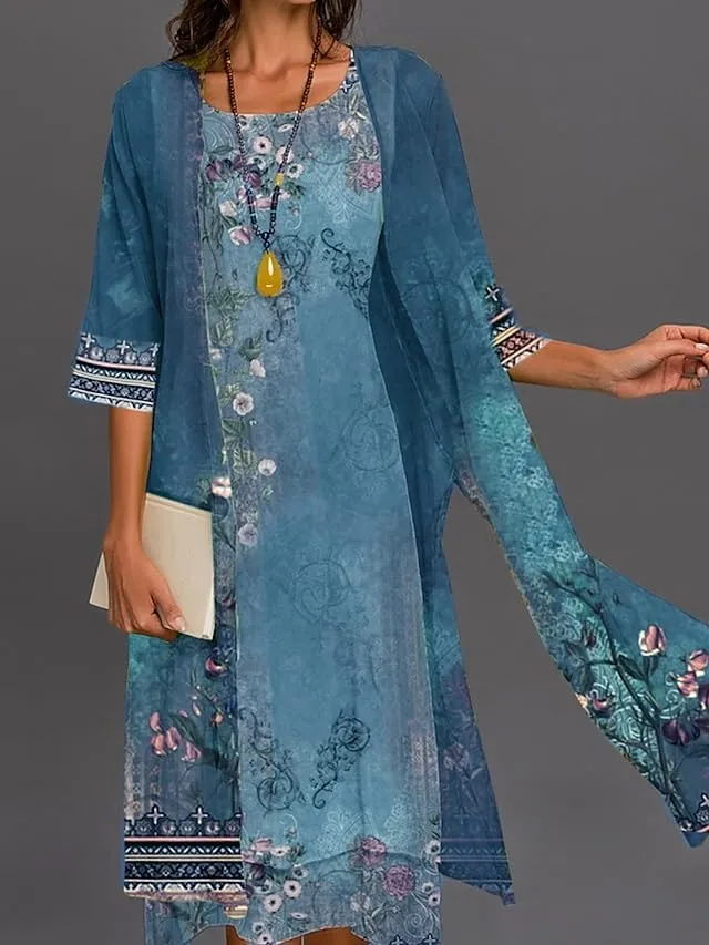 Akivide Womens Flowy Boho Floral Midi Dresses with Chiffon Jacket Elegant Wedding Guest 2 Piece Cocktail Dress