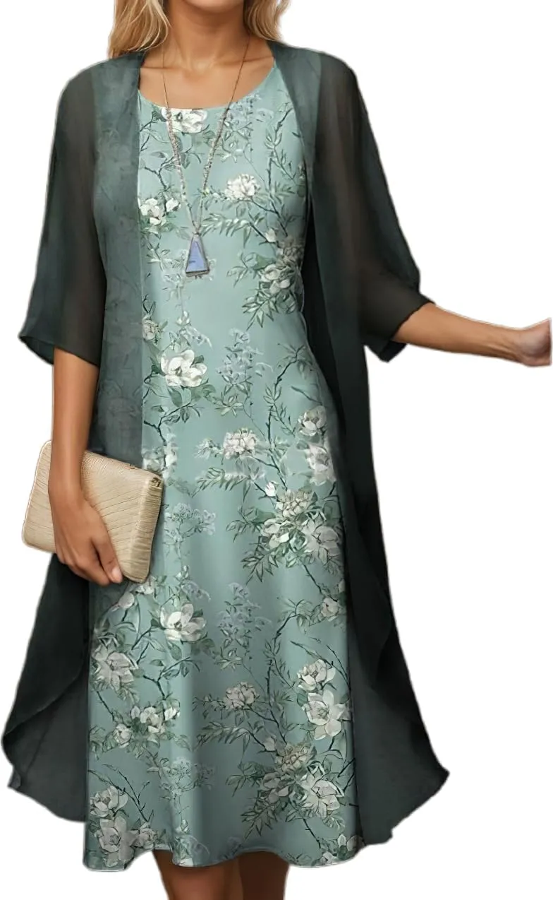 Akivide Womens Flowy Boho Floral Midi Dresses with Chiffon Jacket Elegant Wedding Guest 2 Piece Cocktail Dress