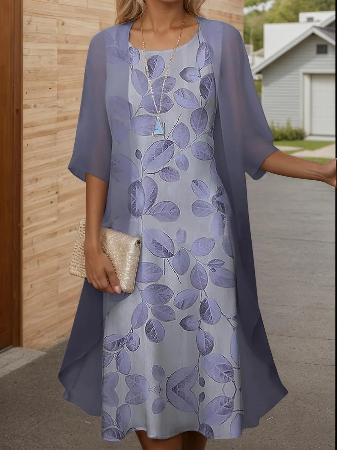 Akivide Womens Flowy Boho Floral Midi Dresses with Chiffon Jacket Elegant Wedding Guest 2 Piece Cocktail Dress