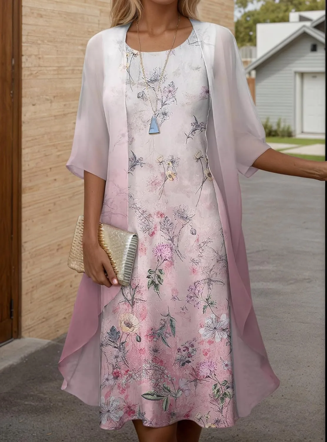 Akivide Womens Flowy Boho Floral Midi Dresses with Chiffon Jacket Elegant Wedding Guest 2 Piece Cocktail Dress