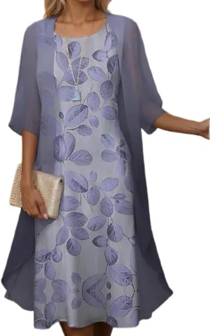 Akivide Womens Flowy Boho Floral Midi Dresses with Chiffon Jacket Elegant Wedding Guest 2 Piece Cocktail Dress