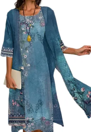 Akivide Womens Flowy Boho Floral Midi Dresses with Chiffon Jacket Elegant Wedding Guest 2 Piece Cocktail Dress