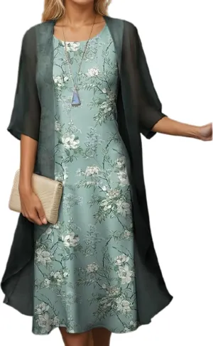 Akivide Womens Flowy Boho Floral Midi Dresses with Chiffon Jacket Elegant Wedding Guest 2 Piece Cocktail Dress