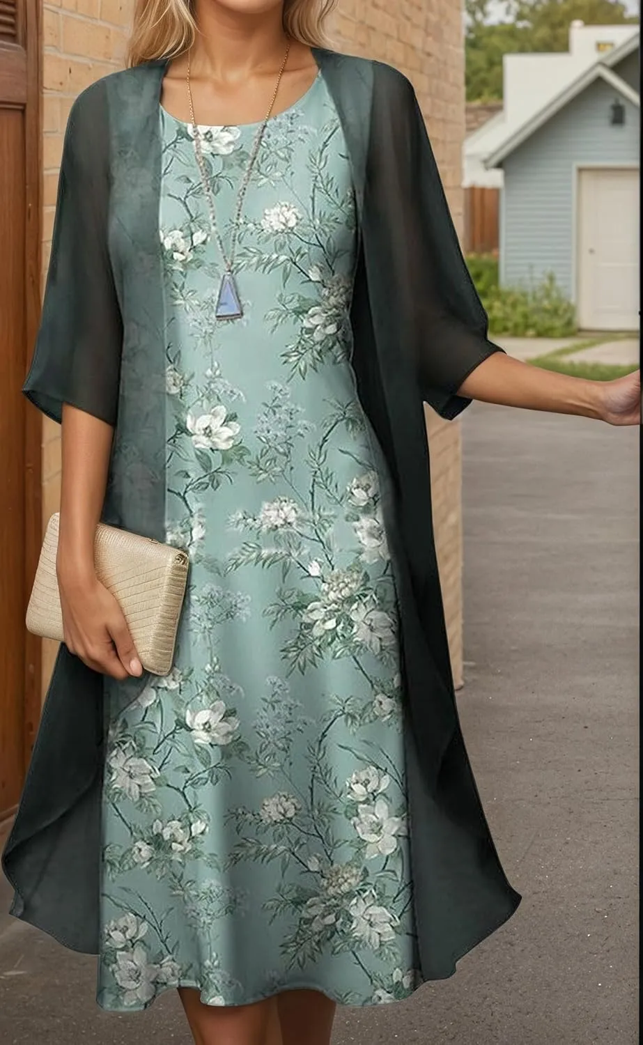 Akivide Womens Flowy Boho Floral Midi Dresses with Chiffon Jacket Elegant Wedding Guest 2 Piece Cocktail Dress