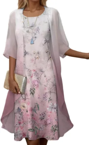 Akivide Womens Flowy Boho Floral Midi Dresses with Chiffon Jacket Elegant Wedding Guest 2 Piece Cocktail Dress