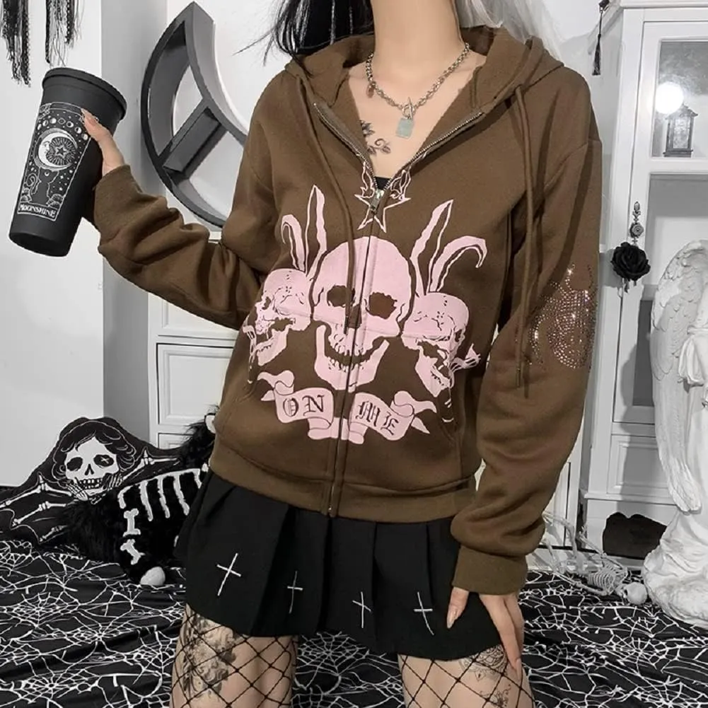 Alt Emo Clothes Women Oversized Zip Up Hoodies Rhinestone Y2k Aesthetic Skeleton Sweatshirts Grunge Gothic Jacket Streetwear