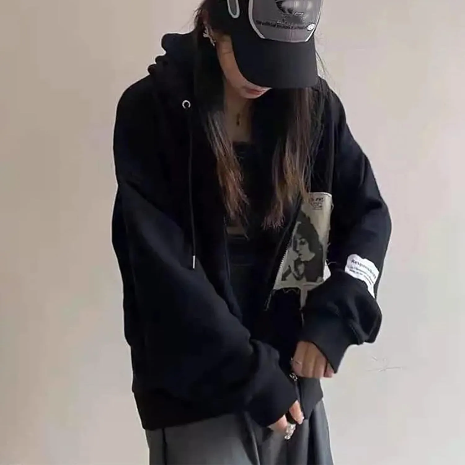 Alt Emo Clothes Women Oversized Zip Up Hoodies Rhinestone Y2k Aesthetic Skeleton Sweatshirts Grunge Gothic Jacket Streetwear