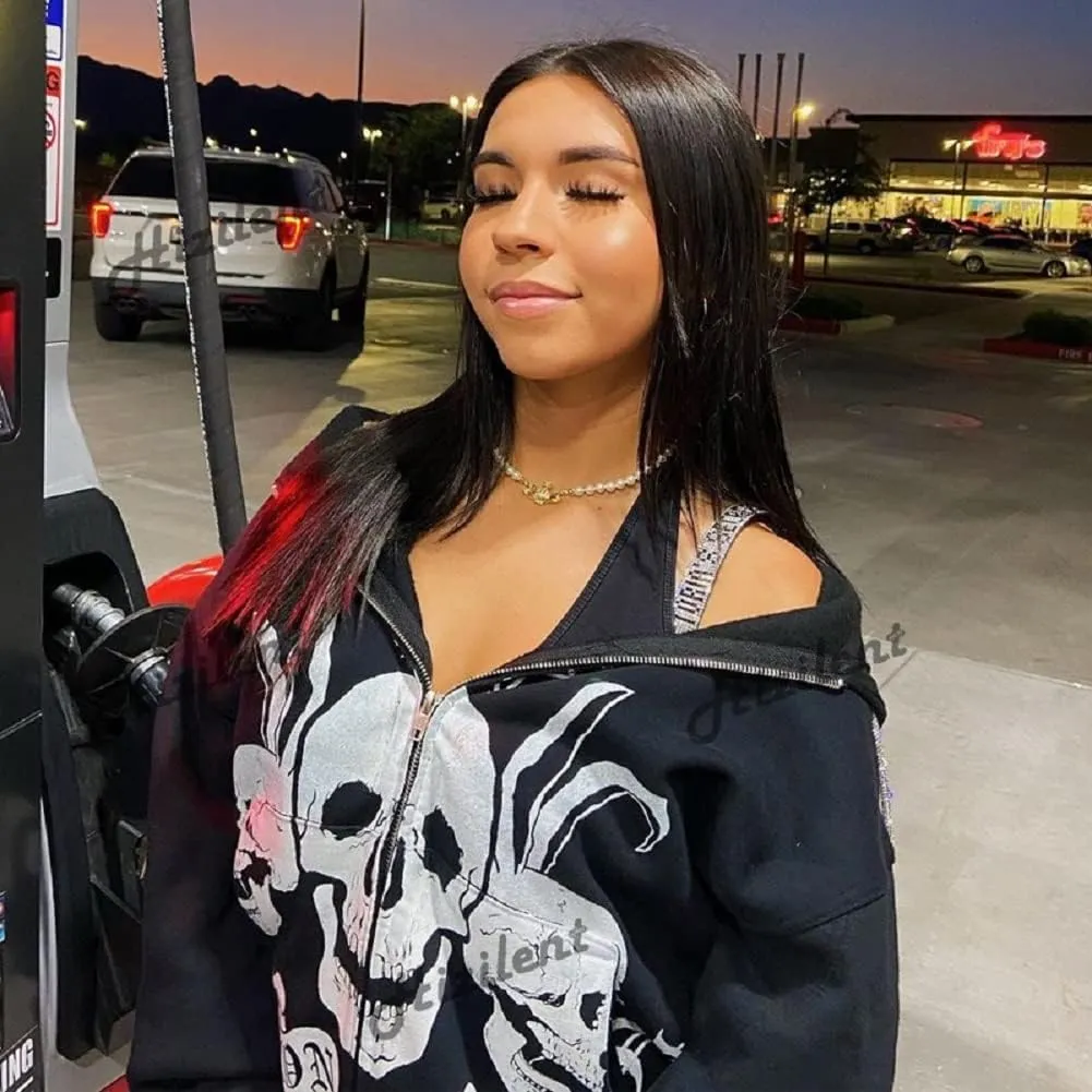 Alt Emo Clothes Women Oversized Zip Up Hoodies Rhinestone Y2k Aesthetic Skeleton Sweatshirts Grunge Gothic Jacket Streetwear
