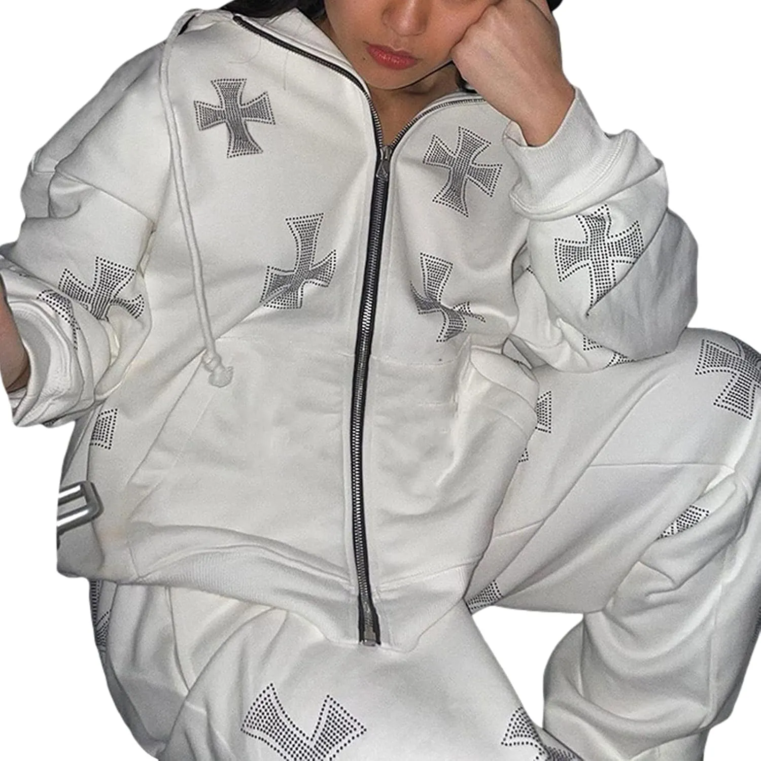 Alt Emo Clothes Women Oversized Zip Up Hoodies Rhinestone Y2k Aesthetic Skeleton Sweatshirts Grunge Gothic Jacket Streetwear
