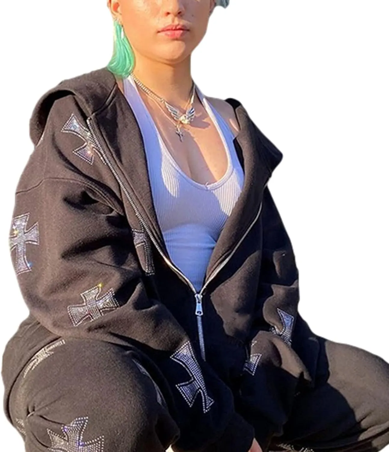 Alt Emo Clothes Women Oversized Zip Up Hoodies Rhinestone Y2k Aesthetic Skeleton Sweatshirts Grunge Gothic Jacket Streetwear