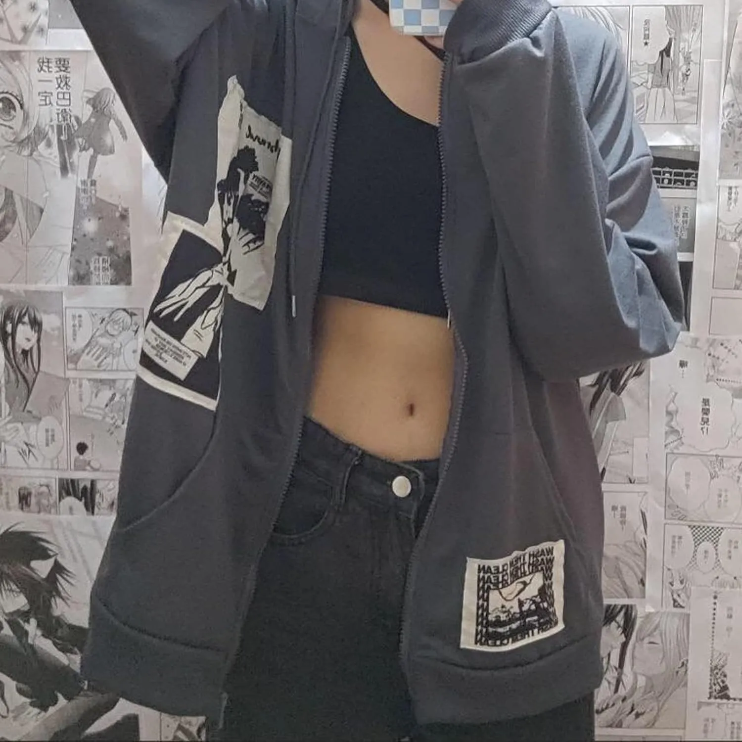 Alt Emo Clothes Women Oversized Zip Up Hoodies Rhinestone Y2k Aesthetic Skeleton Sweatshirts Grunge Gothic Jacket Streetwear