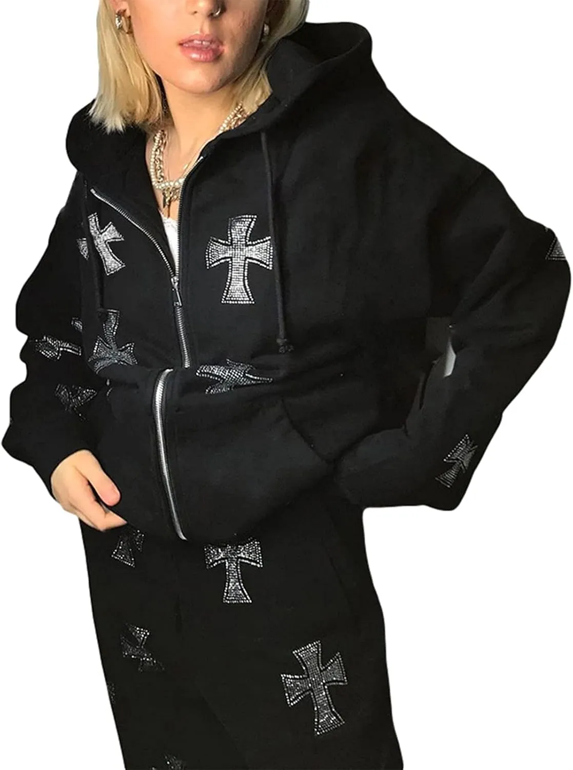 Alt Emo Clothes Women Oversized Zip Up Hoodies Rhinestone Y2k Aesthetic Skeleton Sweatshirts Grunge Gothic Jacket Streetwear