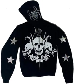 Alt Emo Clothes Women Oversized Zip Up Hoodies Rhinestone Y2k Aesthetic Skeleton Sweatshirts Grunge Gothic Jacket Streetwear