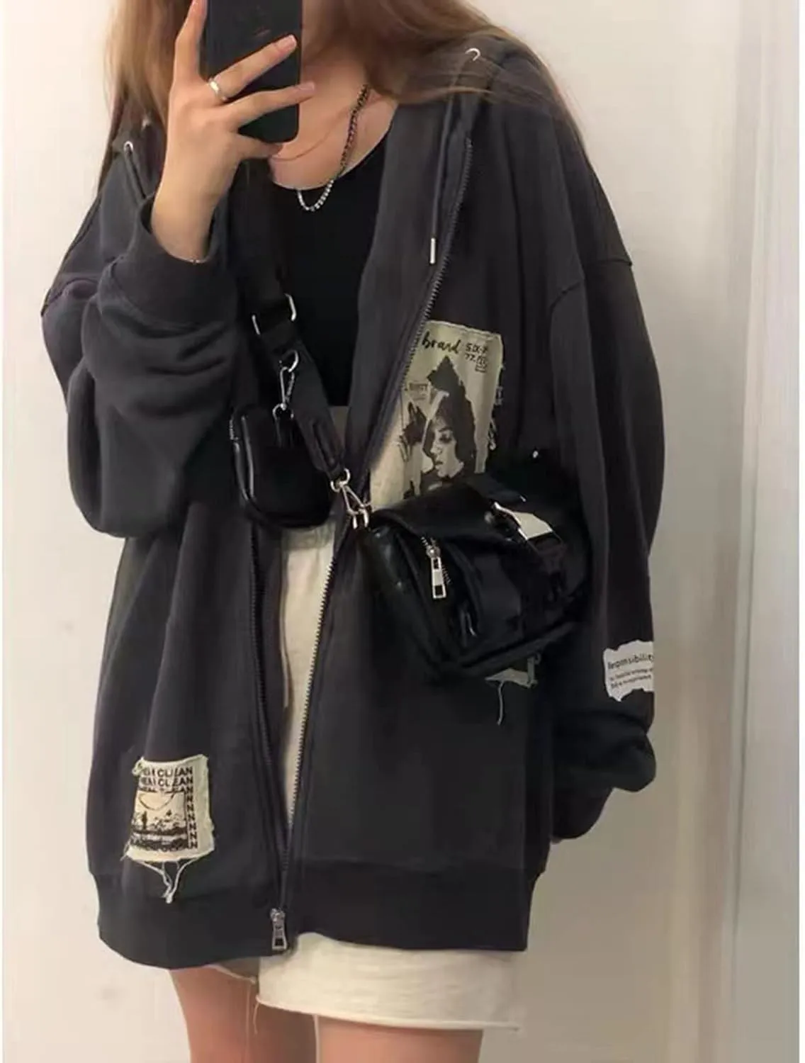 Alt Emo Clothes Women Oversized Zip Up Hoodies Rhinestone Y2k Aesthetic Skeleton Sweatshirts Grunge Gothic Jacket Streetwear