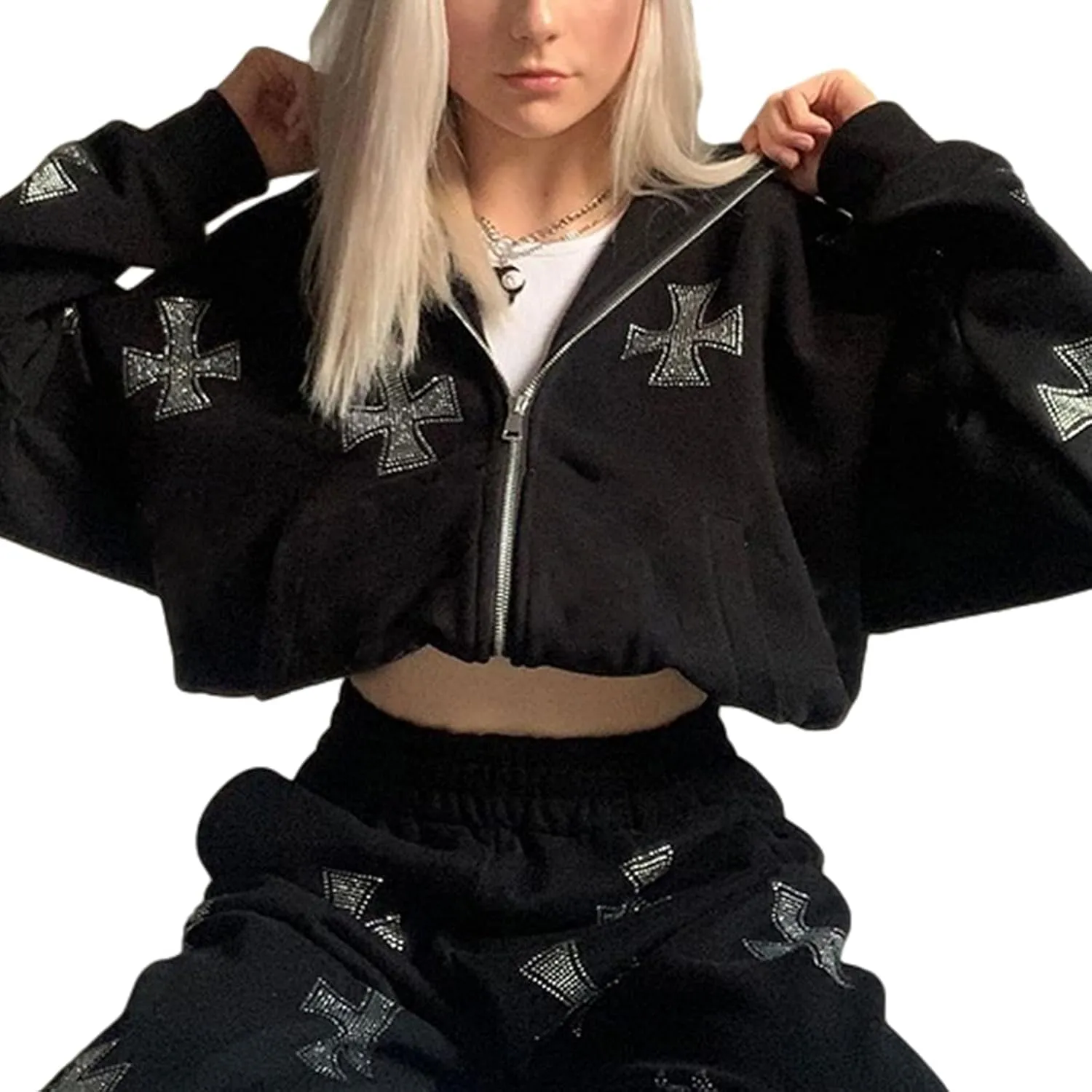 Alt Emo Clothes Women Oversized Zip Up Hoodies Rhinestone Y2k Aesthetic Skeleton Sweatshirts Grunge Gothic Jacket Streetwear