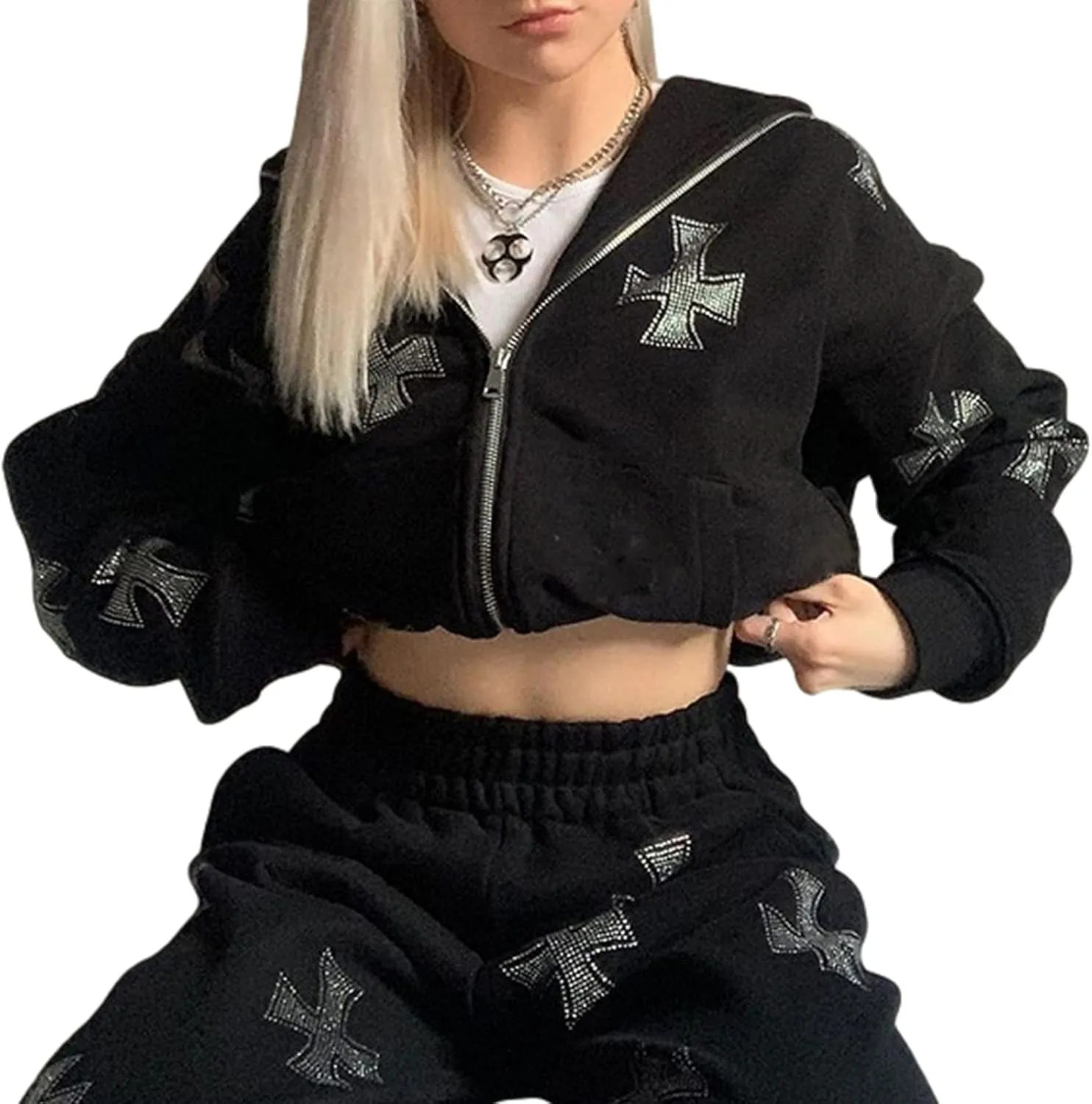 Alt Emo Clothes Women Oversized Zip Up Hoodies Rhinestone Y2k Aesthetic Skeleton Sweatshirts Grunge Gothic Jacket Streetwear
