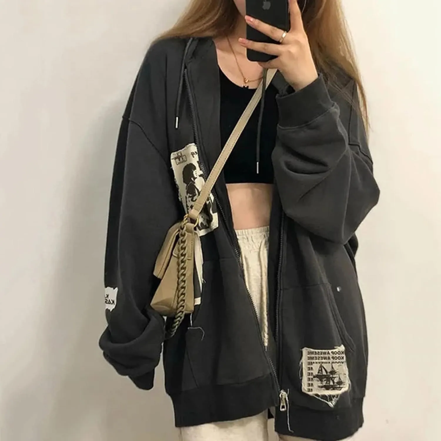 Alt Emo Clothes Women Oversized Zip Up Hoodies Rhinestone Y2k Aesthetic Skeleton Sweatshirts Grunge Gothic Jacket Streetwear