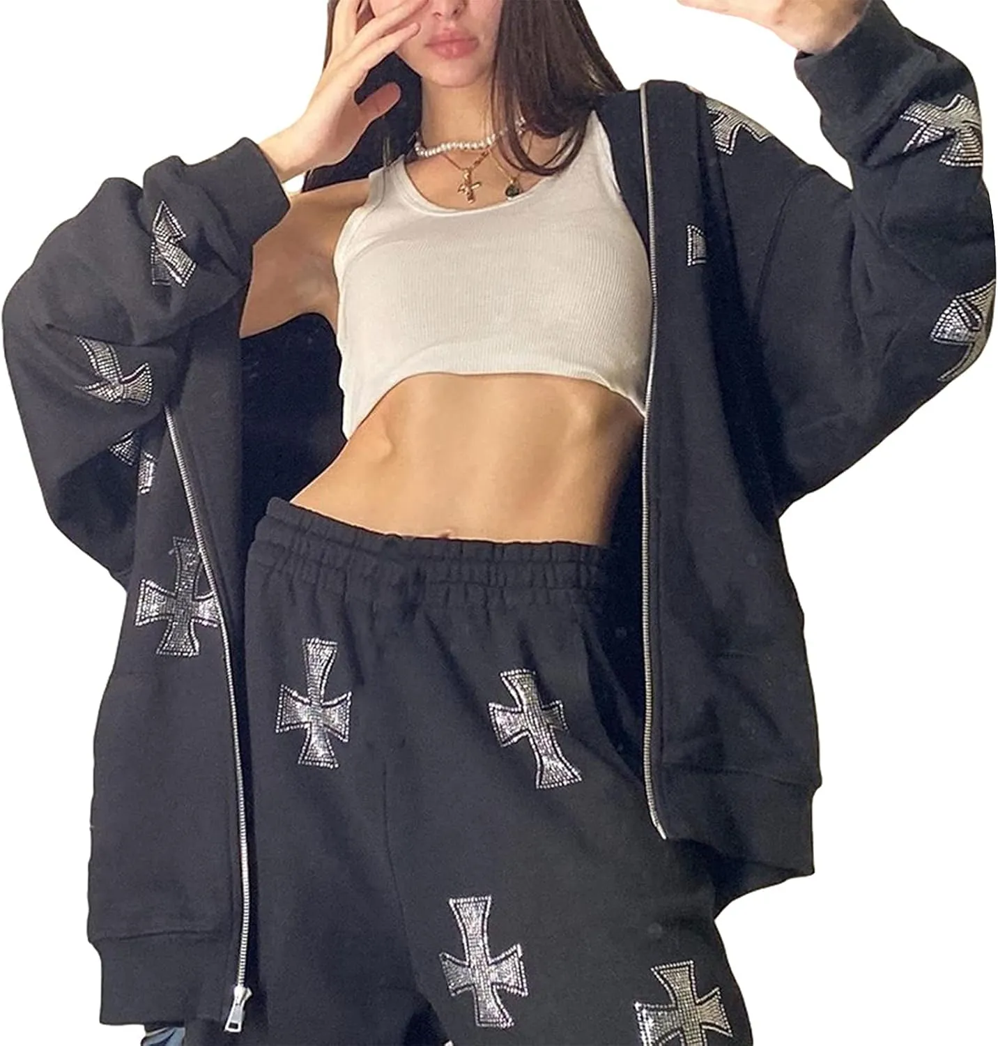 Alt Emo Clothes Women Oversized Zip Up Hoodies Rhinestone Y2k Aesthetic Skeleton Sweatshirts Grunge Gothic Jacket Streetwear