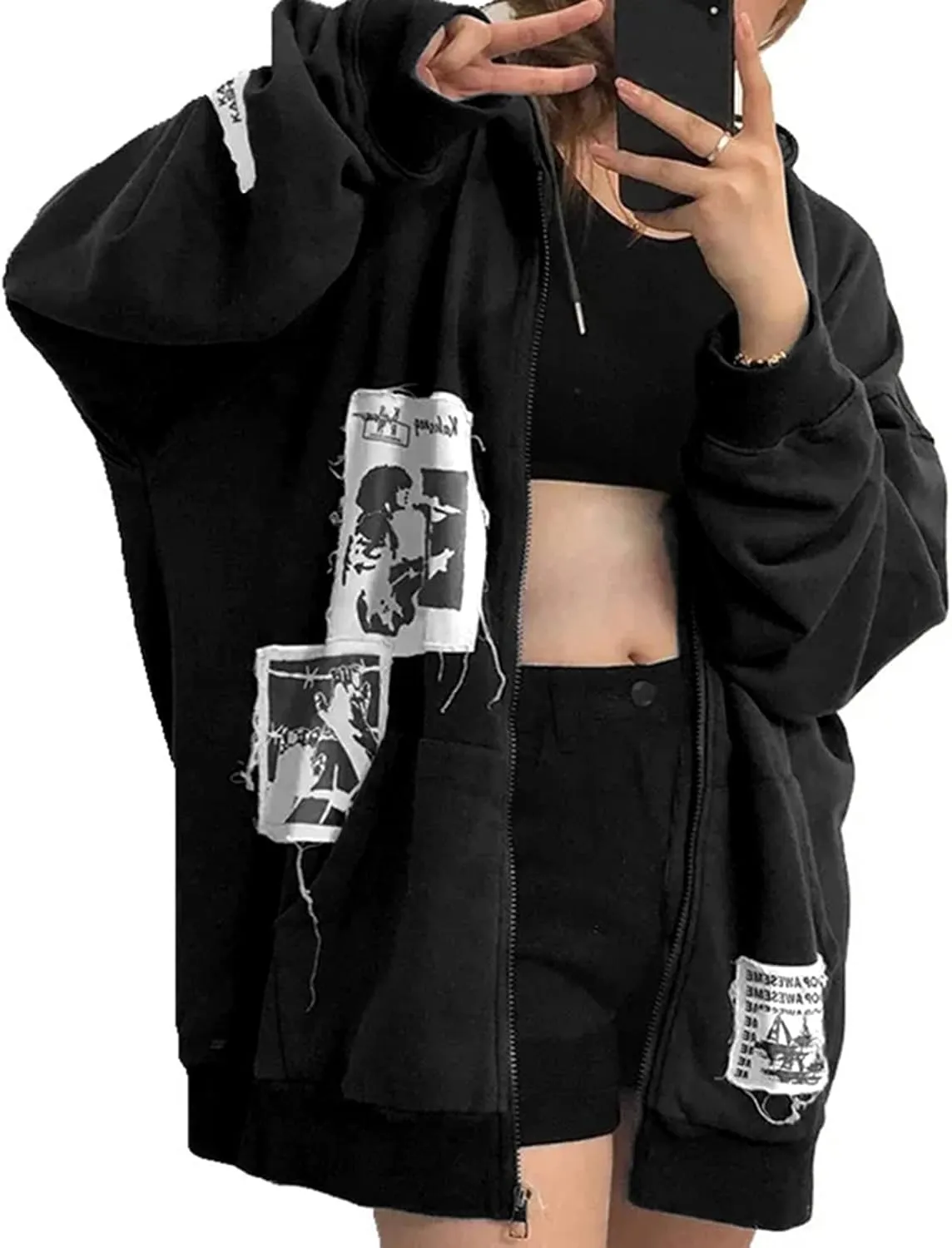 Alt Emo Clothes Women Oversized Zip Up Hoodies Rhinestone Y2k Aesthetic Skeleton Sweatshirts Grunge Gothic Jacket Streetwear