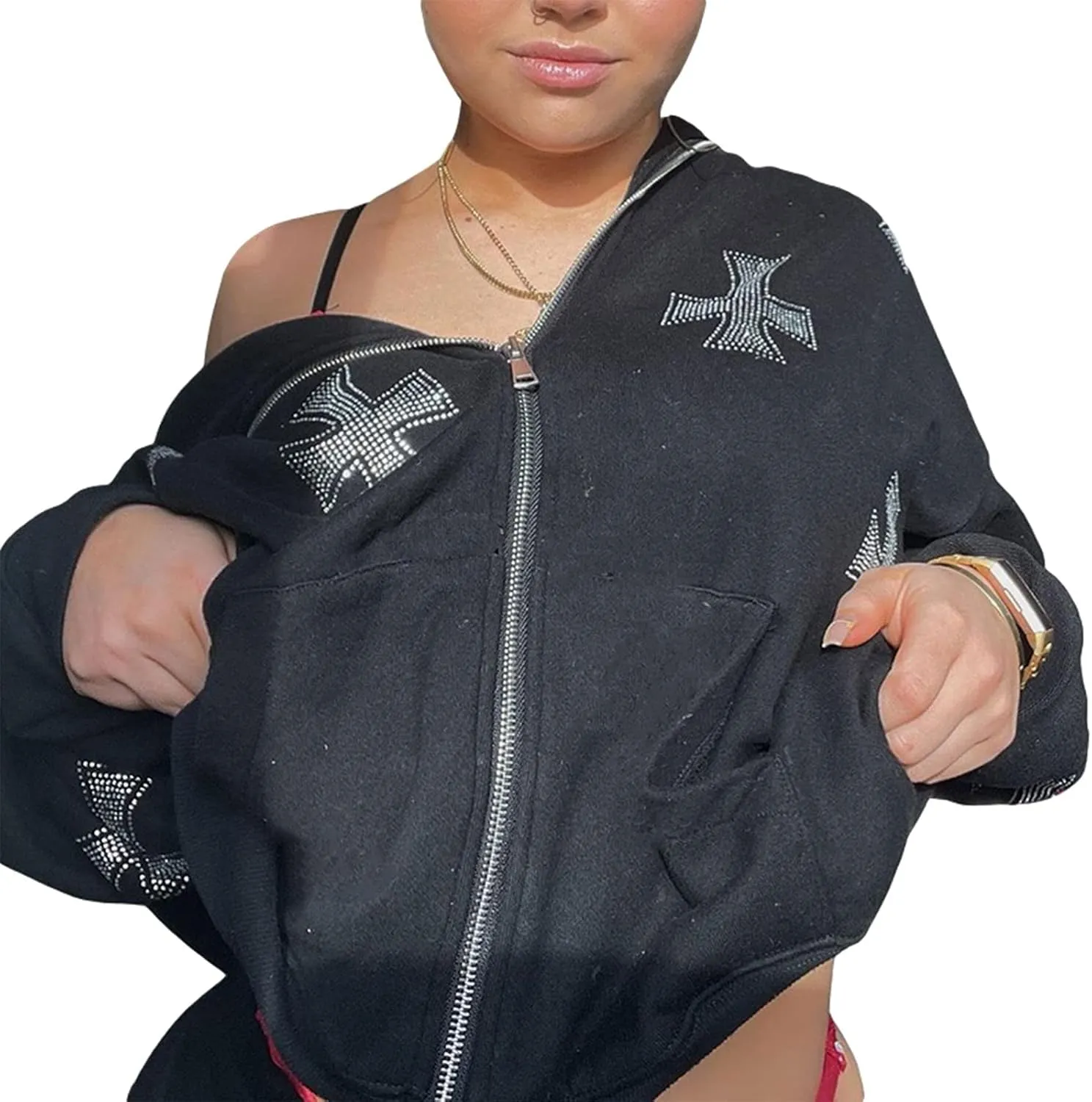 Alt Emo Clothes Women Oversized Zip Up Hoodies Rhinestone Y2k Aesthetic Skeleton Sweatshirts Grunge Gothic Jacket Streetwear