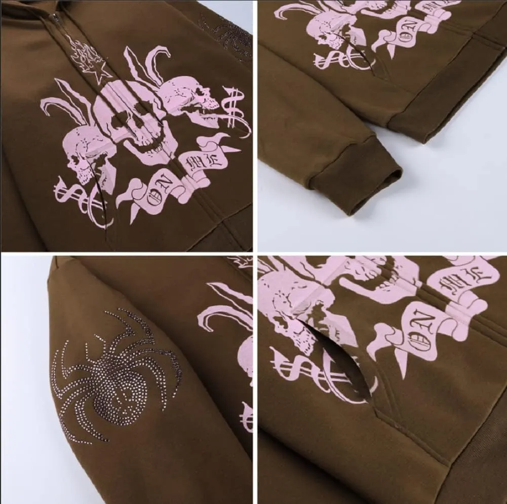 Alt Emo Clothes Women Oversized Zip Up Hoodies Rhinestone Y2k Aesthetic Skeleton Sweatshirts Grunge Gothic Jacket Streetwear