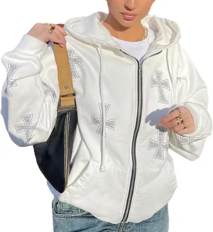 Alt Emo Clothes Women Oversized Zip Up Hoodies Rhinestone Y2k Aesthetic Skeleton Sweatshirts Grunge Gothic Jacket Streetwear