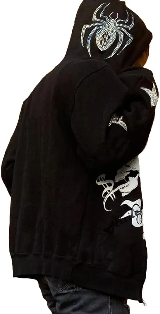 Alt Emo Clothes Women Oversized Zip Up Hoodies Rhinestone Y2k Aesthetic Skeleton Sweatshirts Grunge Gothic Jacket Streetwear