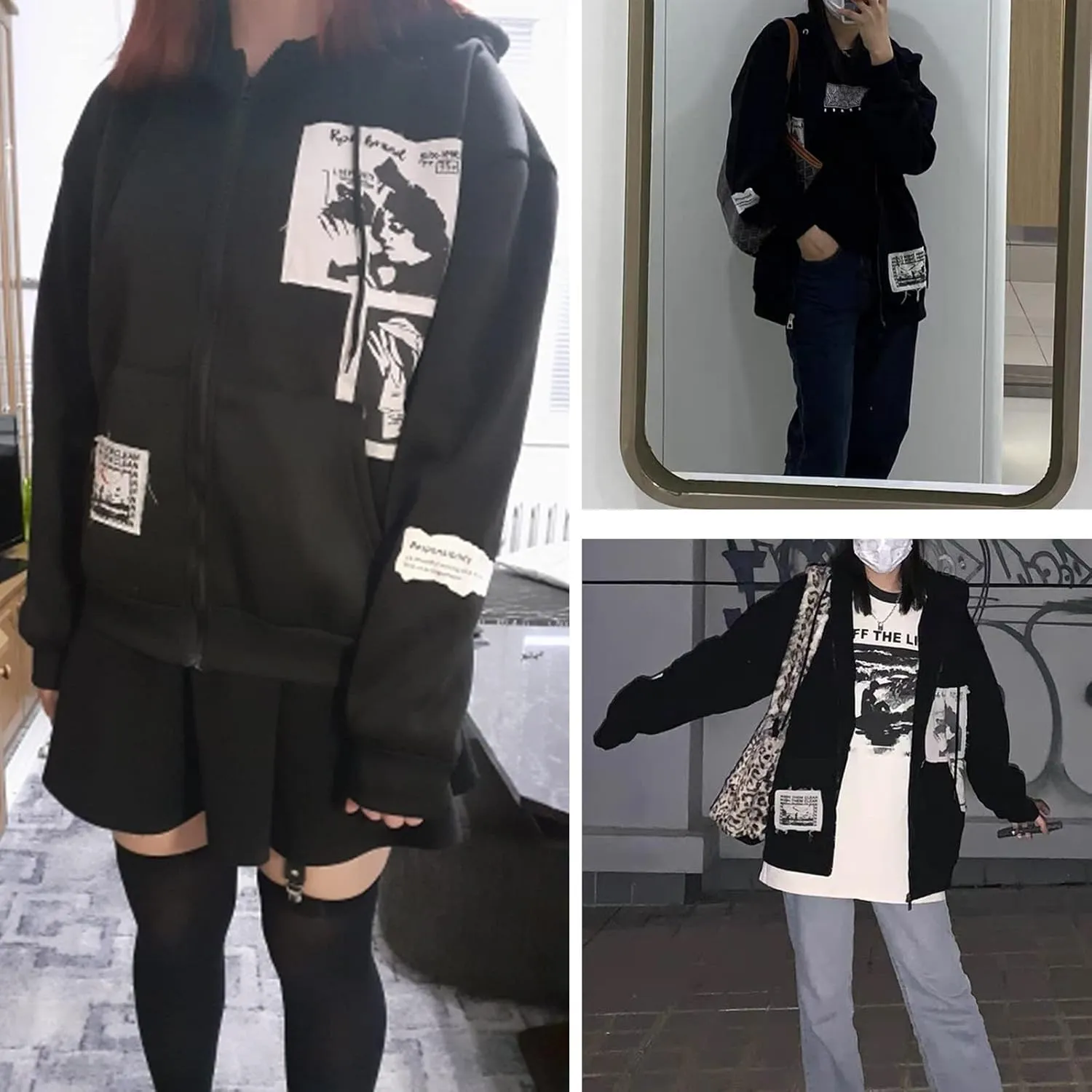 Alt Emo Clothes Women Oversized Zip Up Hoodies Rhinestone Y2k Aesthetic Skeleton Sweatshirts Grunge Gothic Jacket Streetwear