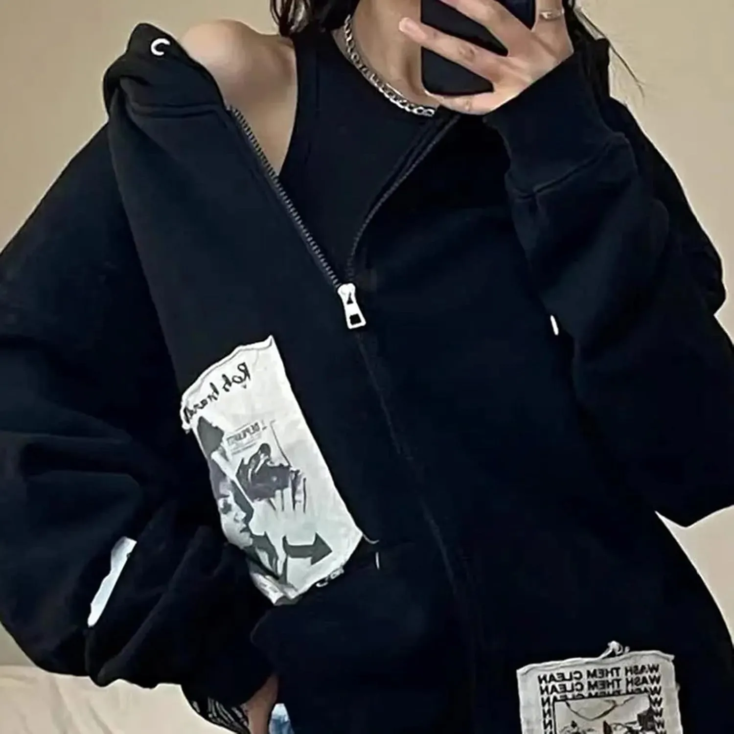 Alt Emo Clothes Women Oversized Zip Up Hoodies Rhinestone Y2k Aesthetic Skeleton Sweatshirts Grunge Gothic Jacket Streetwear