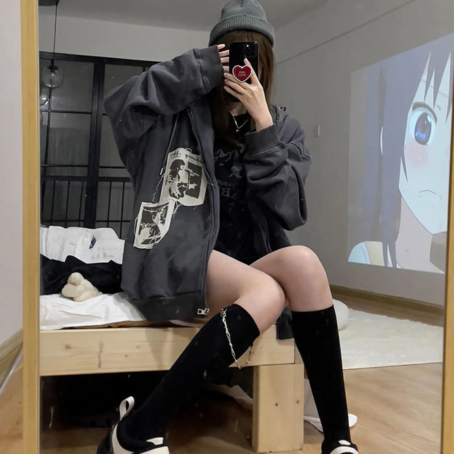 Alt Emo Clothes Women Oversized Zip Up Hoodies Rhinestone Y2k Aesthetic Skeleton Sweatshirts Grunge Gothic Jacket Streetwear