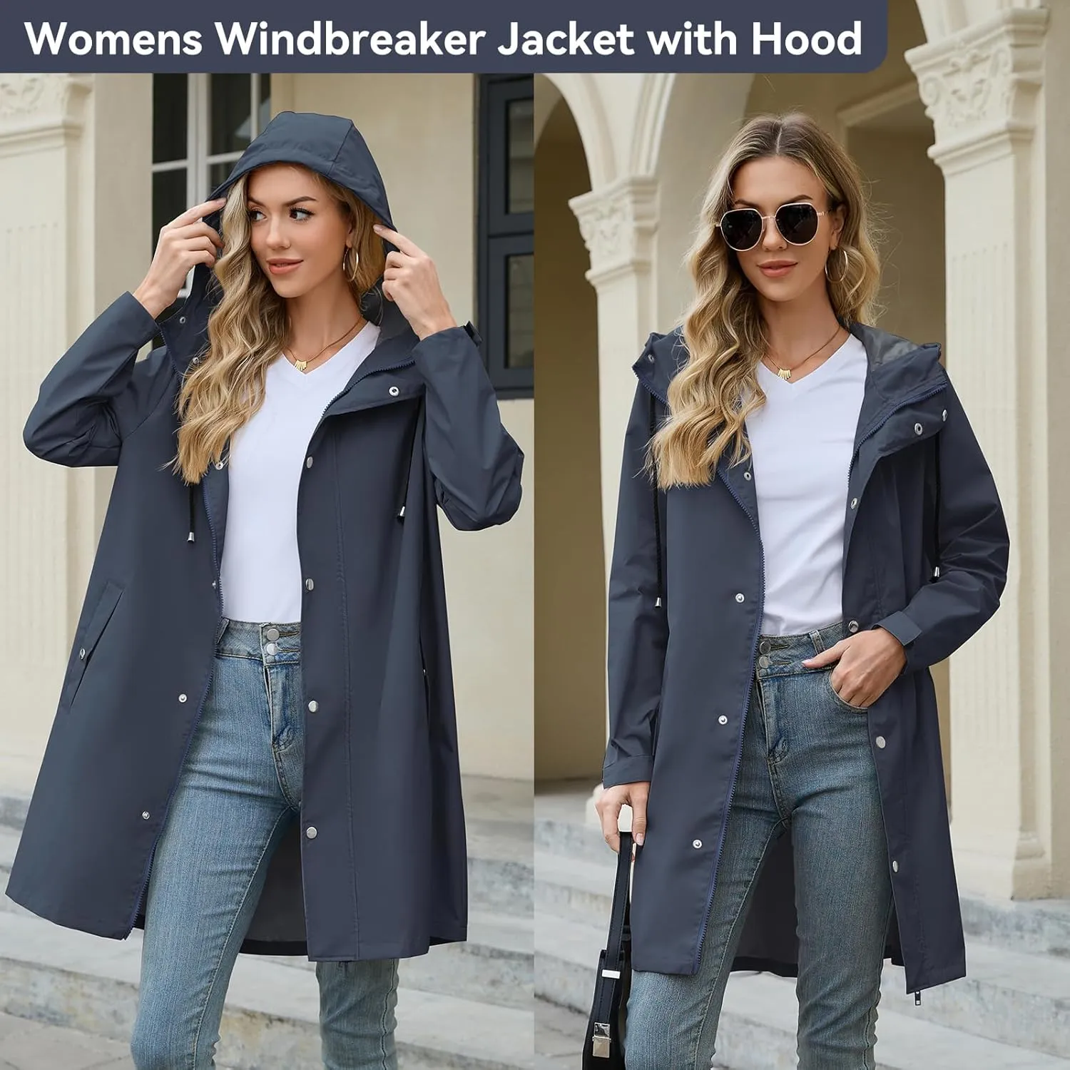 American Trends Packable Waterproof Rain Jacket Women with Hood Raincoat Windbreaker Long Hooded Trench Coats S-2XL Available