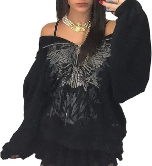 Amiblvowa Y2k Hoodie Zip Up Women Oversized Graphic Sweatshirt Aesthetic Vintage Harajuku Grunge Teen Girls Halloween Jacket