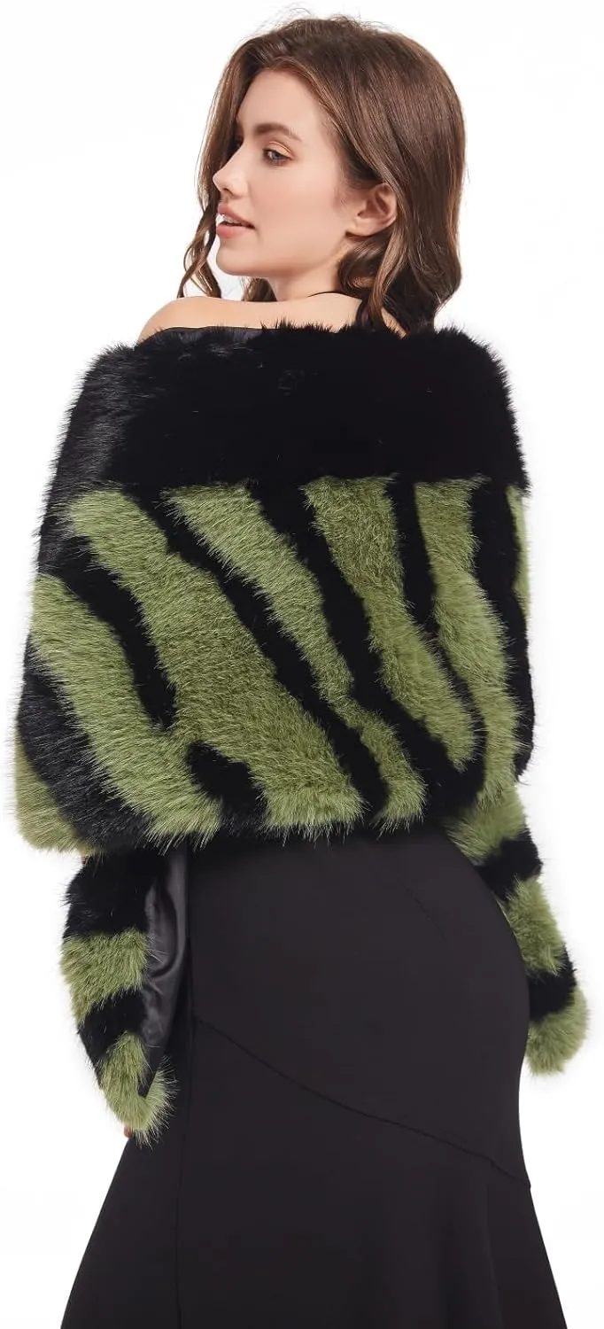 AMTFBY Women Animal Print Faux Fur Scarf Wrap Luxury Fur Collar Warmer Stoles Cloak Evening Cape for Wedding Bridal