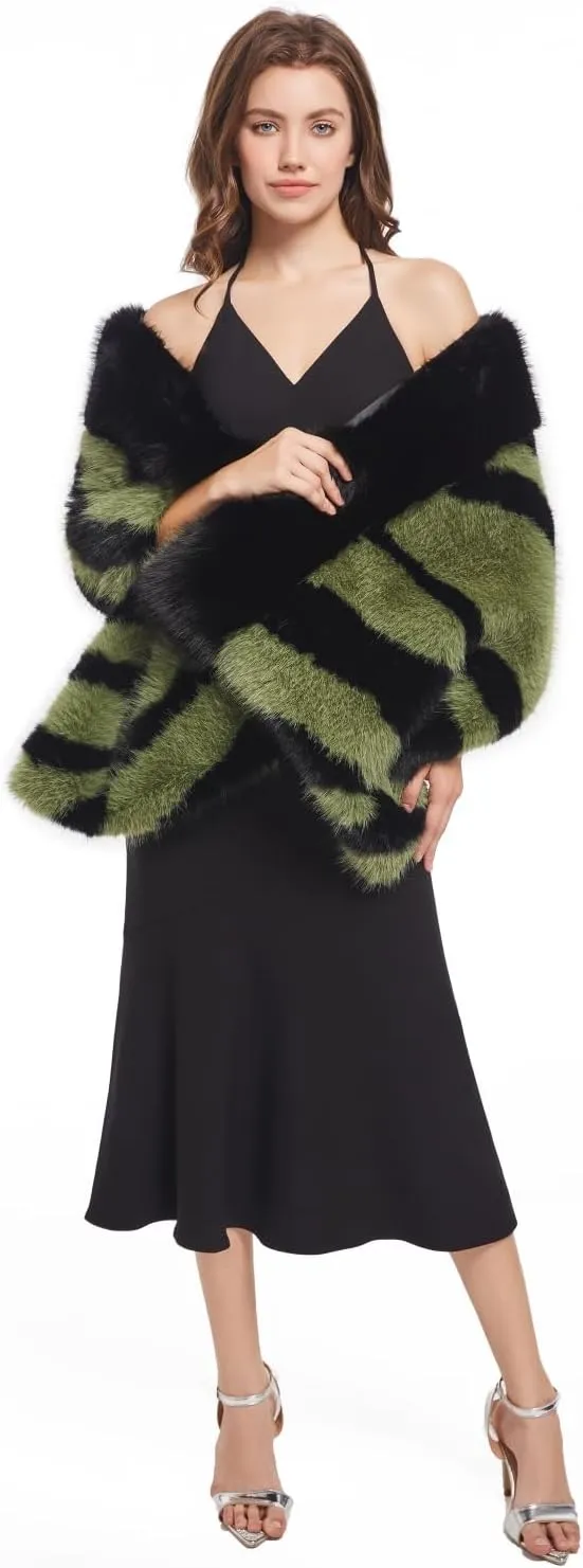 AMTFBY Women Animal Print Faux Fur Scarf Wrap Luxury Fur Collar Warmer Stoles Cloak Evening Cape for Wedding Bridal